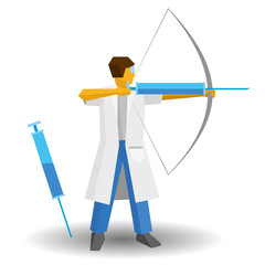 Doctor shooting a syringe like an archer. Medicine concept.