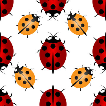 Red and yellow ladybugs with seven and five points on the back - for happiness, seamless pattern. Ladybird endless pattern.