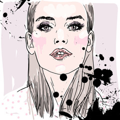 Vector hand painted sketch, fashion illustration with model.