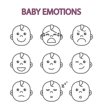 Newborn babies, monochrome set of kids emotions, children's faces, flat vector illustration