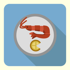 shrimp on dish flat icon with long shadow
