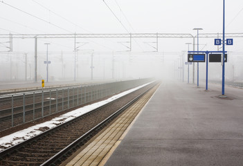 Kouvola, Finland 31 March 2016 - Kouvola railway station in fog.