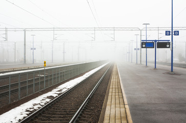 Kouvola, Finland 31 March 2016 - Kouvola railway station in fog.