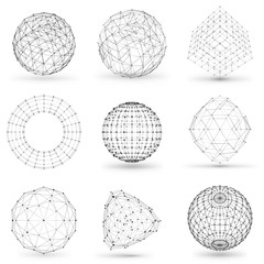 Set of wireframe polygonal elements. Abstract geometric 3D objects with connected lines and dots. Set of vector illustrations on white background with shades
