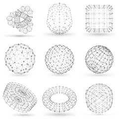 Set of wireframe polygonal elements. Abstract geometric 3D objects with connected lines and dots. Set of vector illustrations on white background with shades