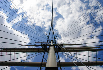 Skyward View of Windjammer Rigging against a Clear Blue Sky