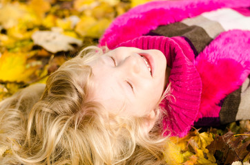 lovely child in autumn leaves