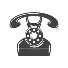 Retro phone. Black icon, logo element, flat vector illustration isolated on white background.