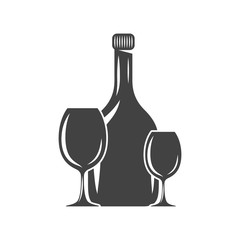 Bottle and two glasses. Black icon, logo element, flat vector illustration isolated on white background.