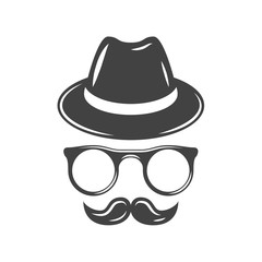 Hipster retro hat, eyeglasses and moustache. Black icon, logo element, flat vector illustration isolated on white background.
