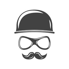 Hipster round retro hat, eyeglasses and moustache. Black icon, logo element, flat vector illustration isolated on white background.