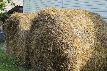 Bales of hay near the house. Forage for animals.
