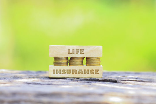 Business Concept - LIFE INSURANCE WORD, Golden coin stacked with woooden bar