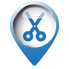 Map pin symbol with Scissors icon. Blue symbol on white backgrou