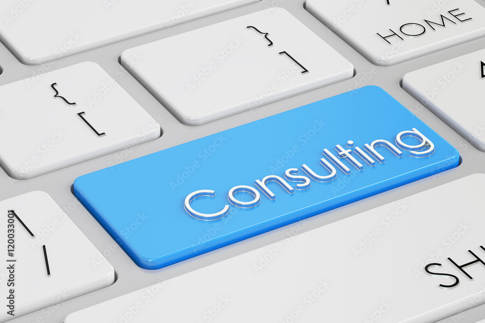 Poster consulting button, blue key on keyboard. 3d rendering