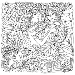 Floral decorative square element with surreal female faces, leaves, waves, branches and flowers. Black and white vector illustration for coloring pages or other.