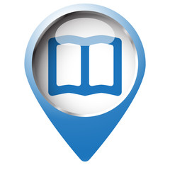 Map pin symbol with Book icon. Blue symbol on white background.