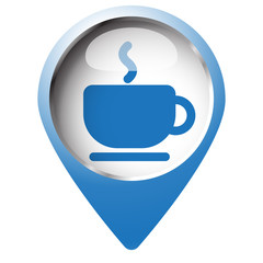 Map pin symbol with Coffee icon. Blue symbol on white background