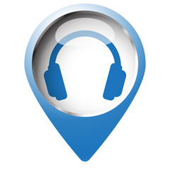 Map pin symbol with Headphones icon. Blue symbol on white backgr