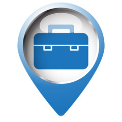 Map pin symbol with Briefcase icon. Blue symbol on white backgro