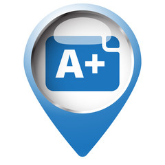 Map pin symbol with Rating icon. Blue symbol on white background