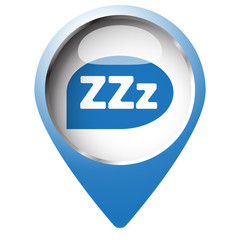 Map pin symbol with Sleep icon. Blue symbol on white background.