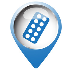 Map pin symbol with Tablet Strip icon. Blue symbol on white back