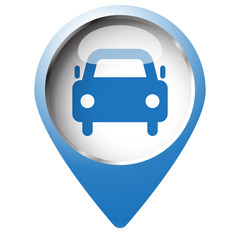 Map pin symbol with Car icon. Blue symbol on white background.
