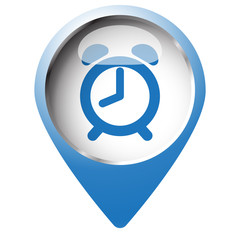 Map pin symbol with Alarm Clock icon. Blue symbol on white backg