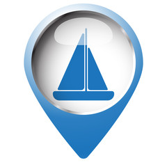 Map pin symbol with Sailboat icon. Blue symbol on white backgrou