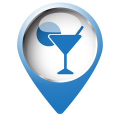 Map pin symbol with Cocktail icon. Blue symbol on white backgrou