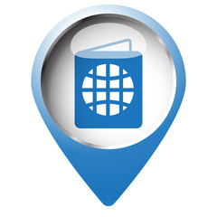 Map pin symbol with Passport icon. Blue symbol on white backgrou