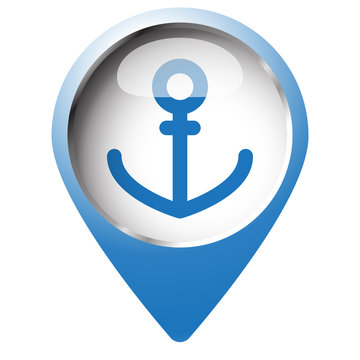Map pin symbol with Anchor icon. Blue symbol on white background