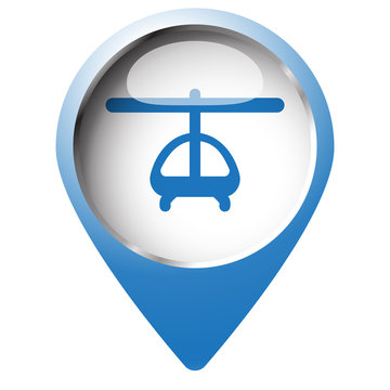 Map pin symbol with Helicopter icon. Blue symbol on white backgr
