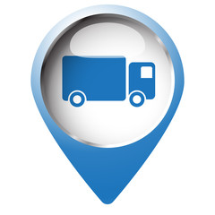 Map pin symbol with Delivery Truck icon. Blue symbol on white ba