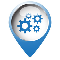 Map pin symbol with Process icon. Blue symbol on white backgroun