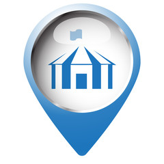 Map pin symbol with Party Tent icon. Blue symbol on white backgr
