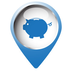 Map pin symbol with Piggy Bank icon. Blue symbol on white backgr