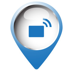 Map pin symbol with Transmitter icon. Blue symbol on white backg
