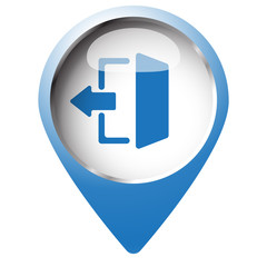 Map pin symbol with Exit icon. Blue symbol on white background.