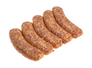 Bratwurst links on a white background side view.