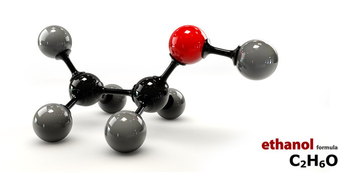 Structural chemical formula and model of ethanol molecule
