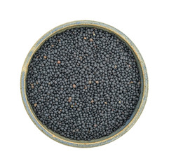 Black beluga lentils in a stoneware bowl top view on a white background.