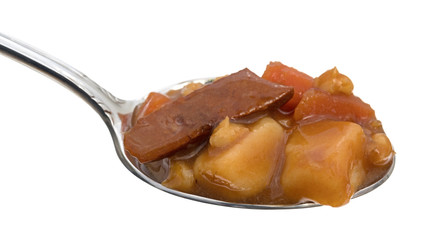 Spoonful of beef stew on a white background.