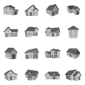House icons set in black monochrome style. Private residential architecture set collection vector illustration