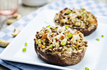 green lentils, brown rice, cashew stuffed portobello