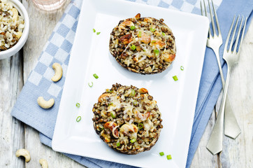 green lentils, brown rice, cashew stuffed portobello