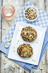 green lentils, brown rice, cashew stuffed portobello