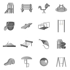 Children playground icons set in black monochrome style. Kids playground elements set collection vector illustration