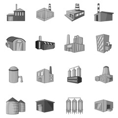 Factory, plant icons set in black monochrome style. Industrial buildings set collection vector illustration